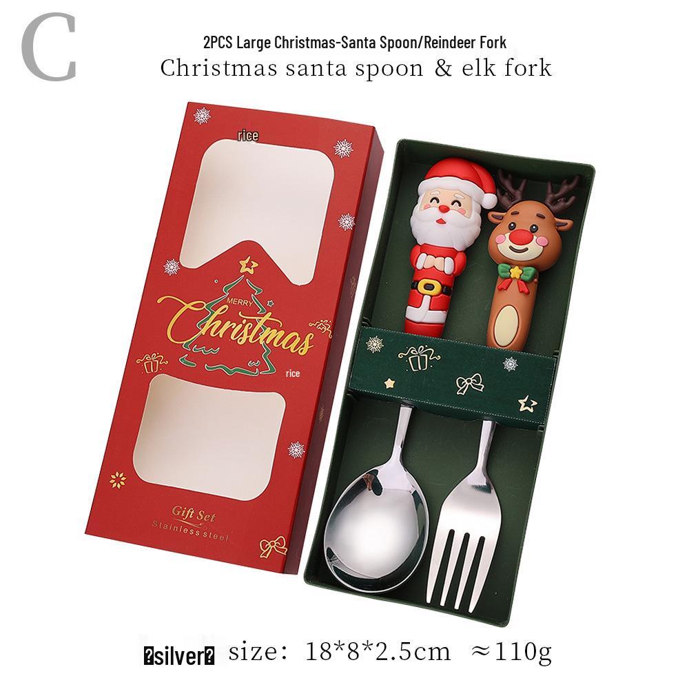 Reindeer Cartoon Christmas Spoon & Fork Set - Cute Stainless Steel Gift in Color Box