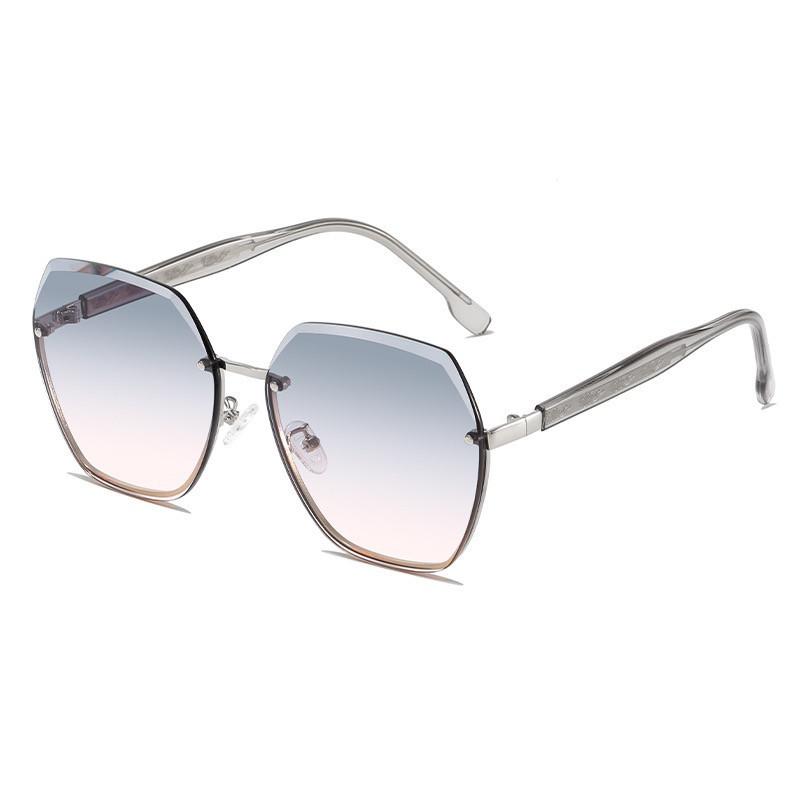 

Women Sunglasses Rimless Gradient Shade UV400 Brand Design Driving Goggles with Gift Set Metal Polygon Frame Sun Glasses for Men ONLY glasses