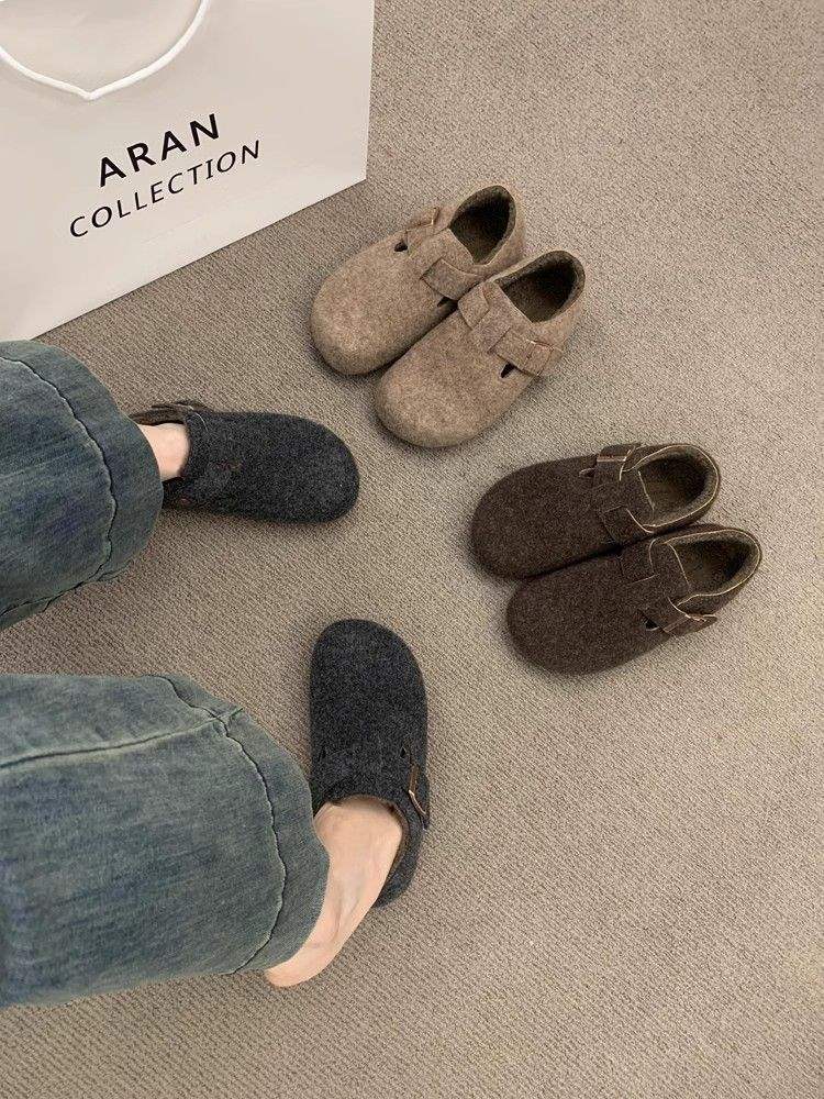 Retro round head felt fleece Birkenstocks women's fleece autumn and winter one-pedal thermal cotton ladyshoes woolen loafers