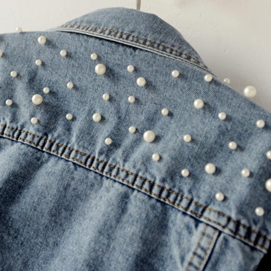 Damska Kurtka Jeansowa Jednolity Kolor Jednorzędowa Krótka Oddychająca Utrzymująca Ciepło Dekoracja Koralikami