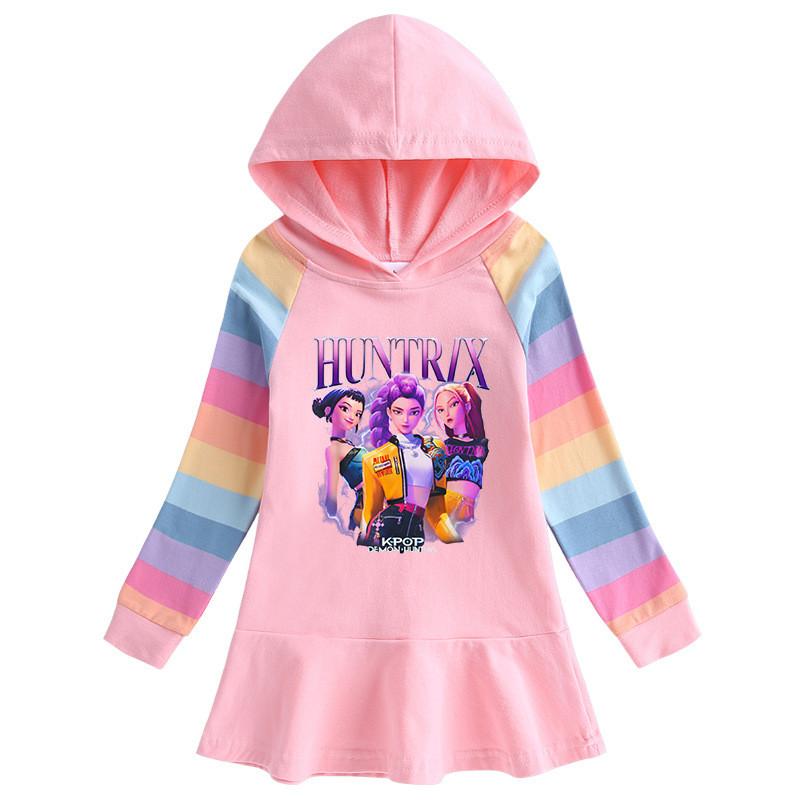 Girls Kpop Rumi Zoey Mira Hunters Printed Cotton Ruffle Hooded Dress 90cm