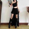 INS European and American style 2026 summer new women's clothing solid color slim-fitting street fashion diagonal collar shoulder dress