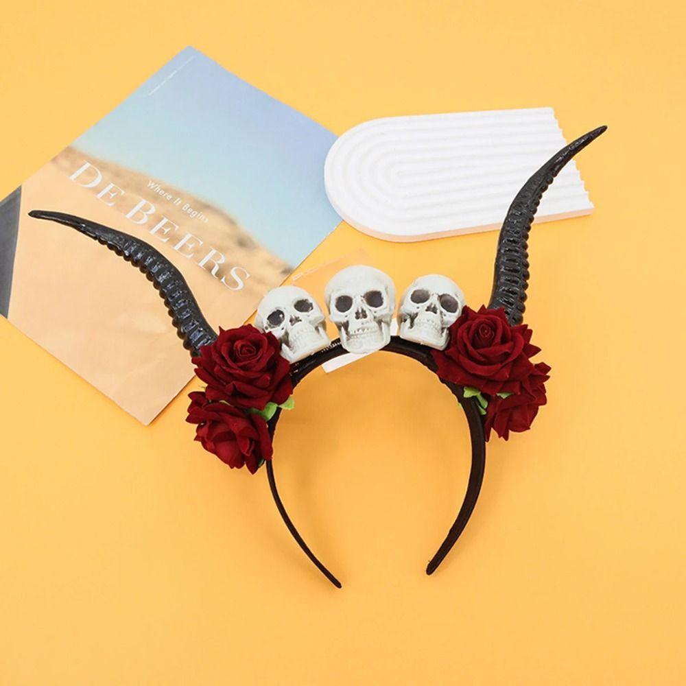 Gothic Style Ox Horns Headband Skull Red Rose Headband Flower Crown Sheep Horn Hairband  Cosplay