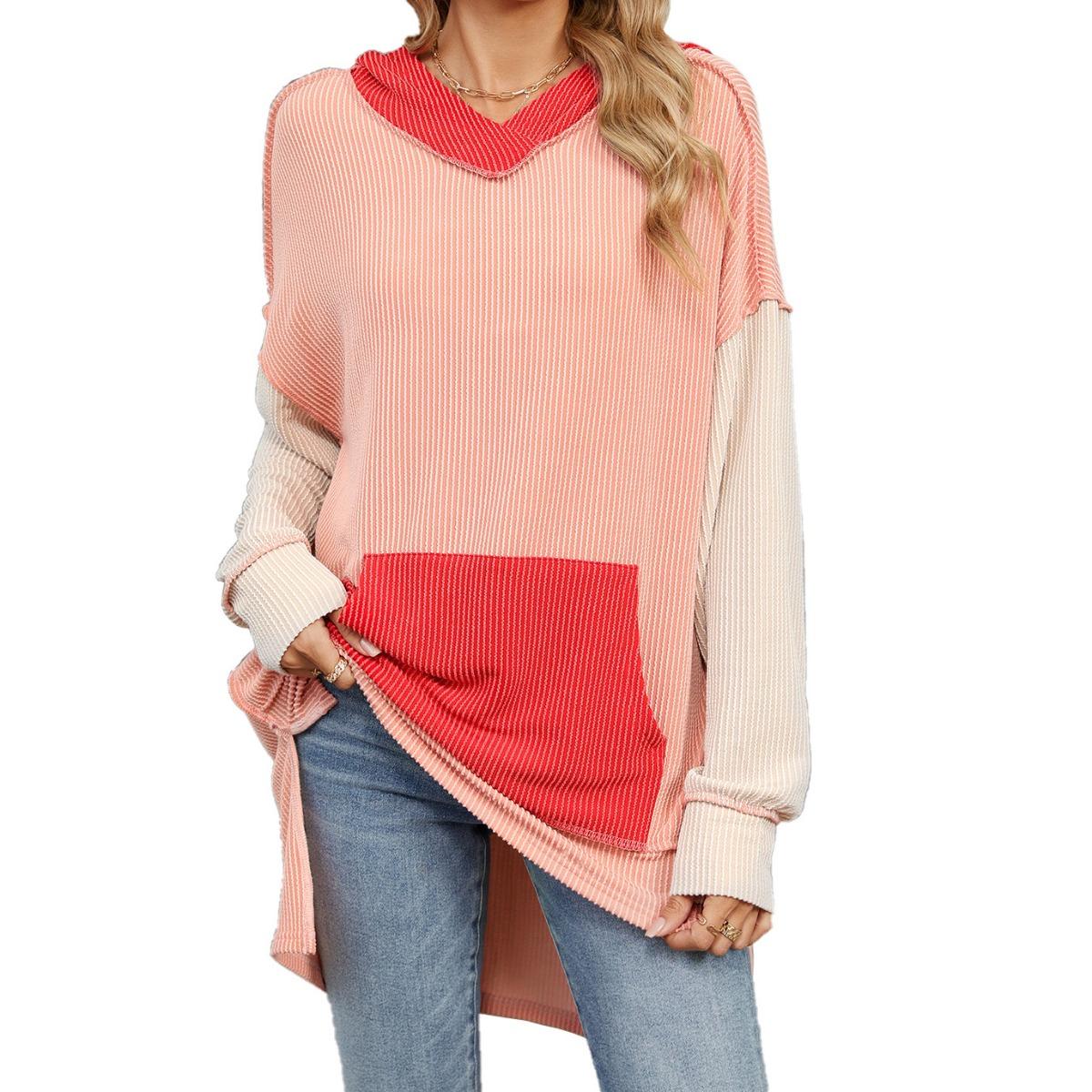 Fall Winter Women s Colorblock Pocket Long Sleeve Loose Hoodie, Casual Hooded Sweatshirt For European American Cross-border Women Clothing S розовый