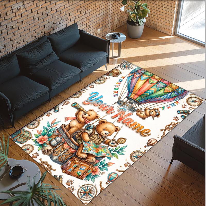 Teddy Bear Theme Crystal Velvet Rug Personalized Custom Name Text Soft Floor Mat Home Decor