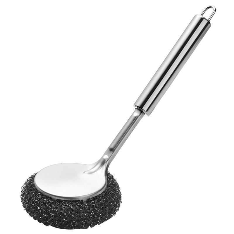 Stainless Steel Pot Brush - Non-Scratch, Long Handle Cleaning Brush with Steel Wool Ball