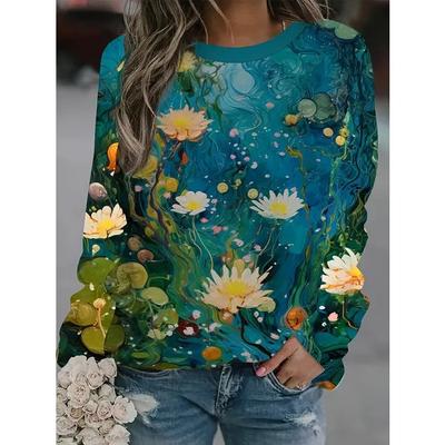 Frühlings- und Herbst-Rundhals-Oberteil mit Blumen-Schmetterlingsmuster im 3D-Druck, modische, lässige Damen-T-Shirts mit langen Ärmeln