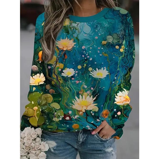 Spring and Autumn Round Neck Flower Butterfly Pattern 3D Printed Top Fashionable Casual Long Sleeved Women's T-shirts