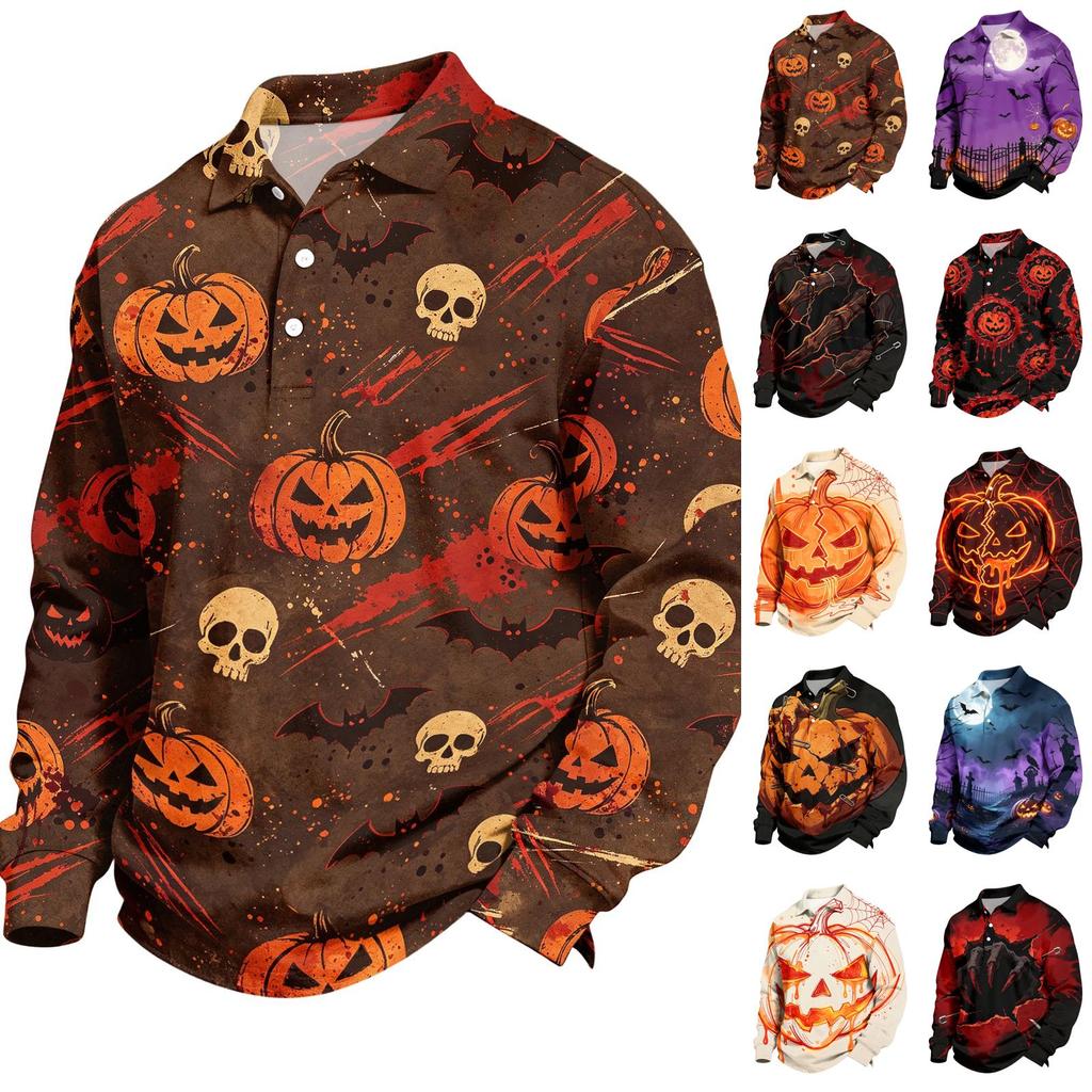 Men's Halloween Printed Long Sleeve Casual Shirt for Festive Occasions