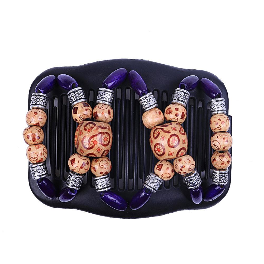 Women Simulation Wood Double Stretchy Hair Beaded Comb Clip