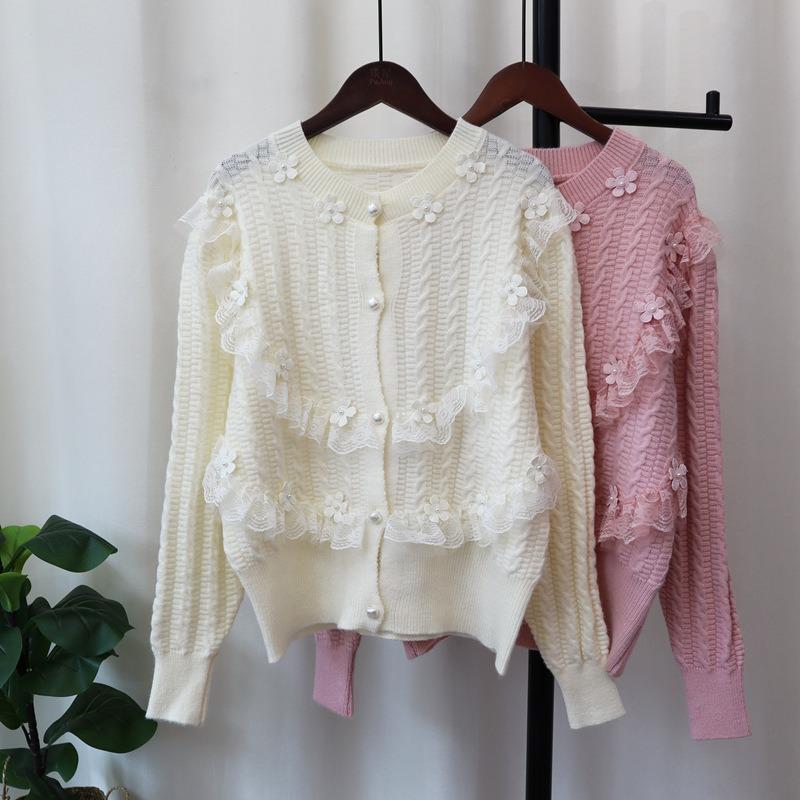 Autumn and Winter New Sweet Bead Flower Splicing Mesh Knitted Cardigan Loose Gentle Wind Sweater Jacket Women