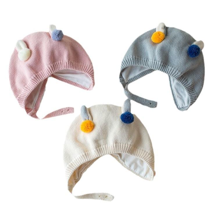 INS Kids' Solid Color Double Pom Pom Knitted Wool Hat with Ear Protection for Autumn Winter