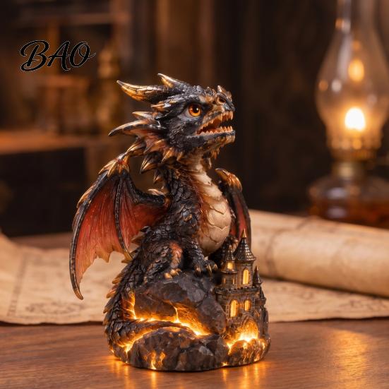 Resin Figurine Light Up Dragon Figurine, Gothic Castle Statue, Decorative Indoor Outdoor Decorations Fantasy Creature Ornament for Home, Office Table,
