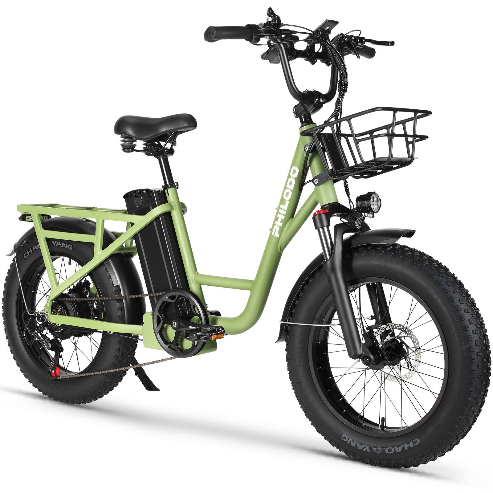 PHILODO T1 Elektrisches Lastenrad, 48V 20Ah Akku, Frontkorb & Gepäckträger hinten mit Blinkern grün