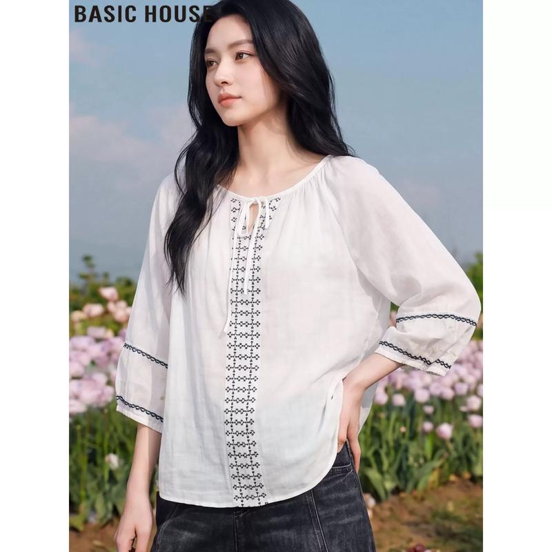 Basic House Women's Ramie 3/4 Sleeve Sun Protection Blouse