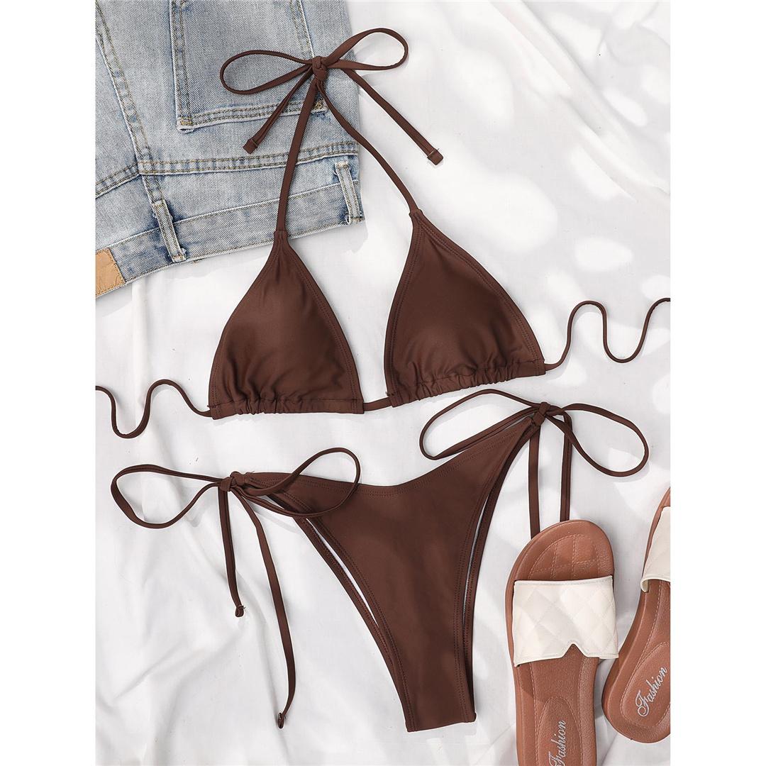 

4 цвета, бразильское бикини с лямкой на шее, женские купальники, женский купальник, комплект из двух частей, мягкий купальный костюм, купальный костюм для женщин M кофейный