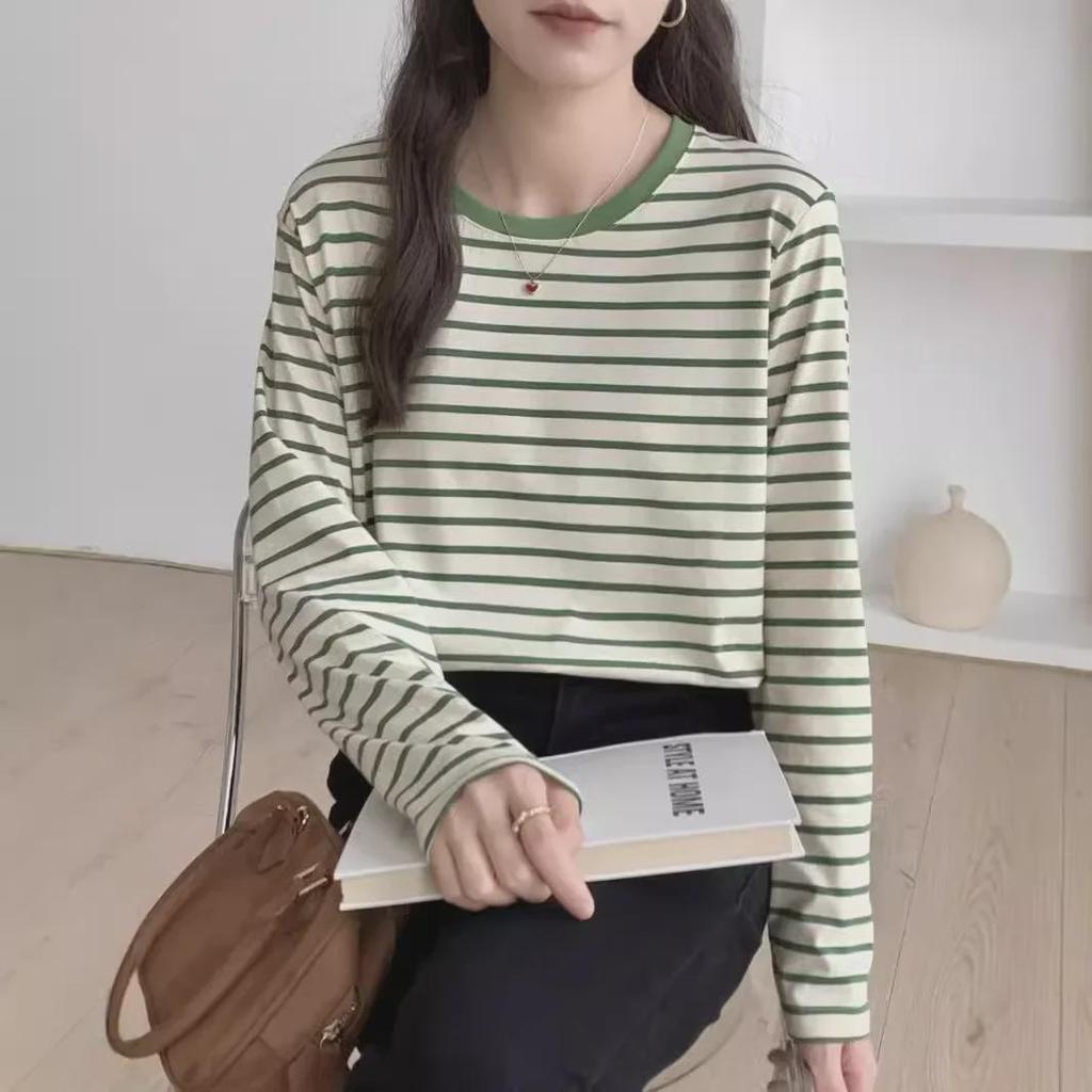 Women's Spring 2025 Green Striped Long-Sleeve Round Neck T-Shirt: Loose-Fit, Slim-Style, Commuting Top