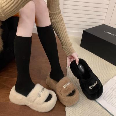 Winter Thick-soled Fluffy Shoes Women's Shoes 2024 New Niche Design Sense Rhinestone One-word Heightening Cotton Slippers Women