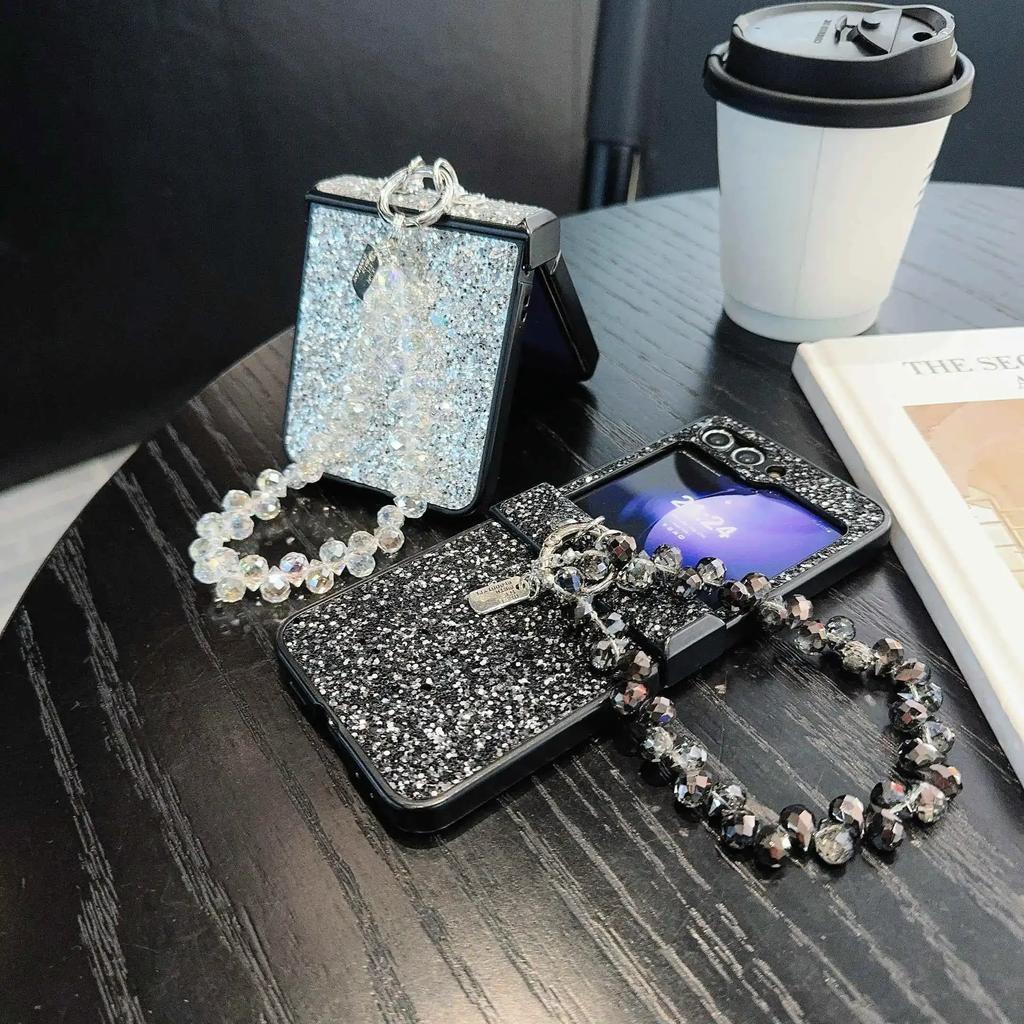 PU Leather Bling Glitter Cover with Bead Wrist Chain Strap Bracelet For Samsung Galaxy Z Flip 6 5 4 3 Phone Case