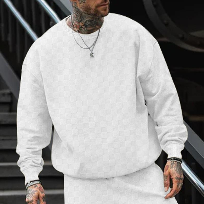 Men's Autumn and Winter Heavy Jacquard Checkerboard Checkerboard T-shirt Men's T-shirt Round Neck Casual Bottoming Shirt Knitted Long-sleeved T-shirt