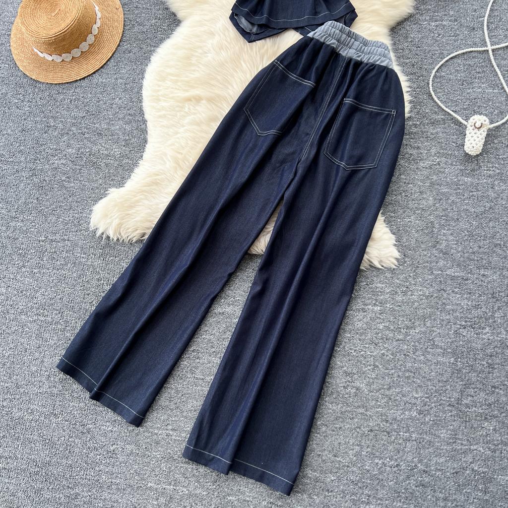 High-end Wear Women's Summer Dress Design V-neck Sleeveless Single-breasted Top Women's Two-piece Casual Wide-leg Trousers
