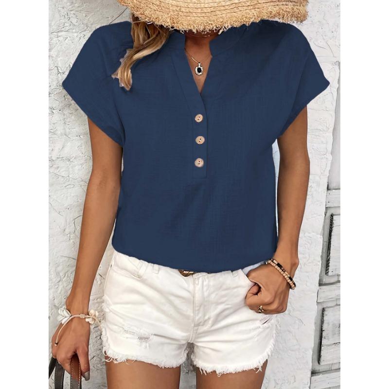 Summer Short Sleeve Loose Women Blouse New V-neck Button Retro Cotton Shirts Office Casual Simple Tops Shir… More