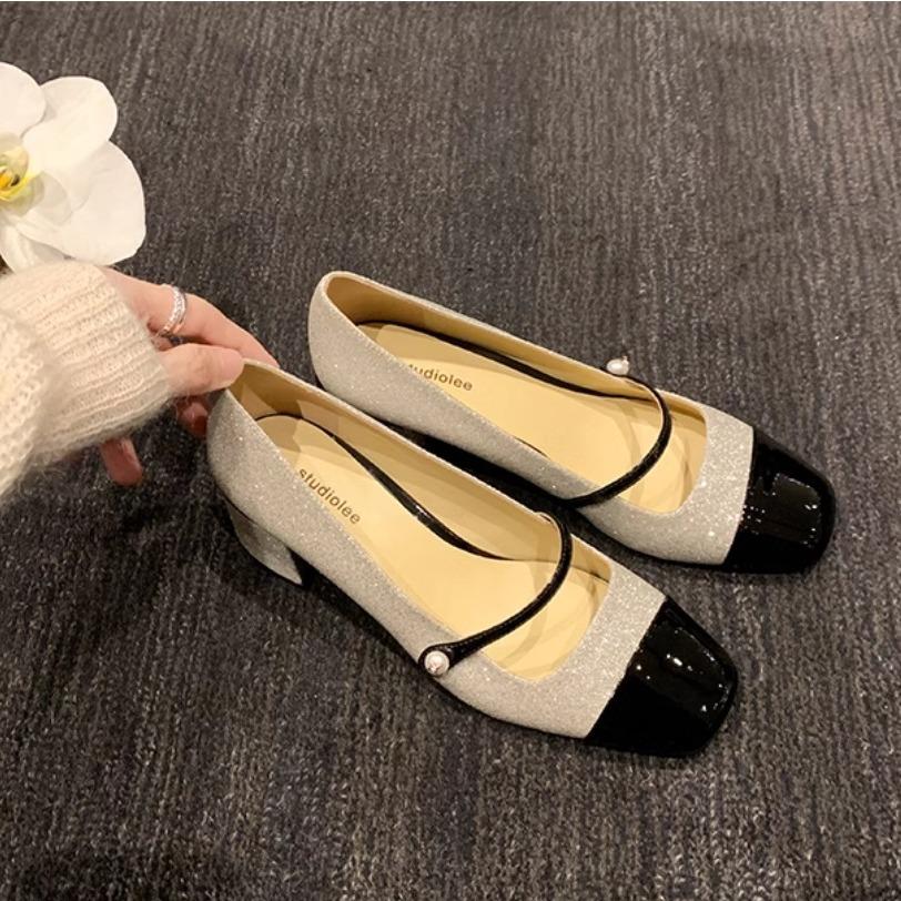 Traubenmutter Herbst Neu Glitzernde Pailletten Bankett Kleiner Duftstil Quadratische Spitze Wort Mit Dickem Absatz Mary Jane Einzelne Schuhe Damen