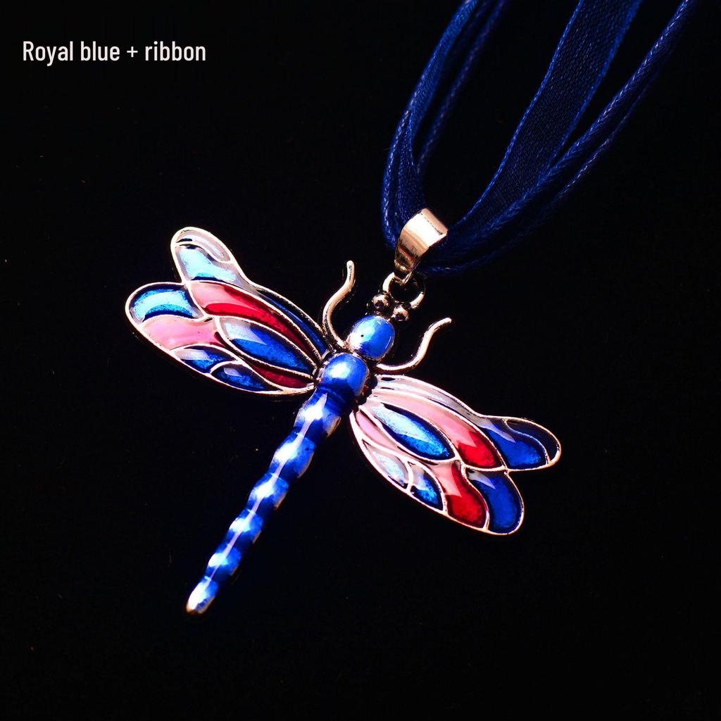 Silver Dragonfly Necklace with Luminous Butterfly - Retro Forest-Inspired