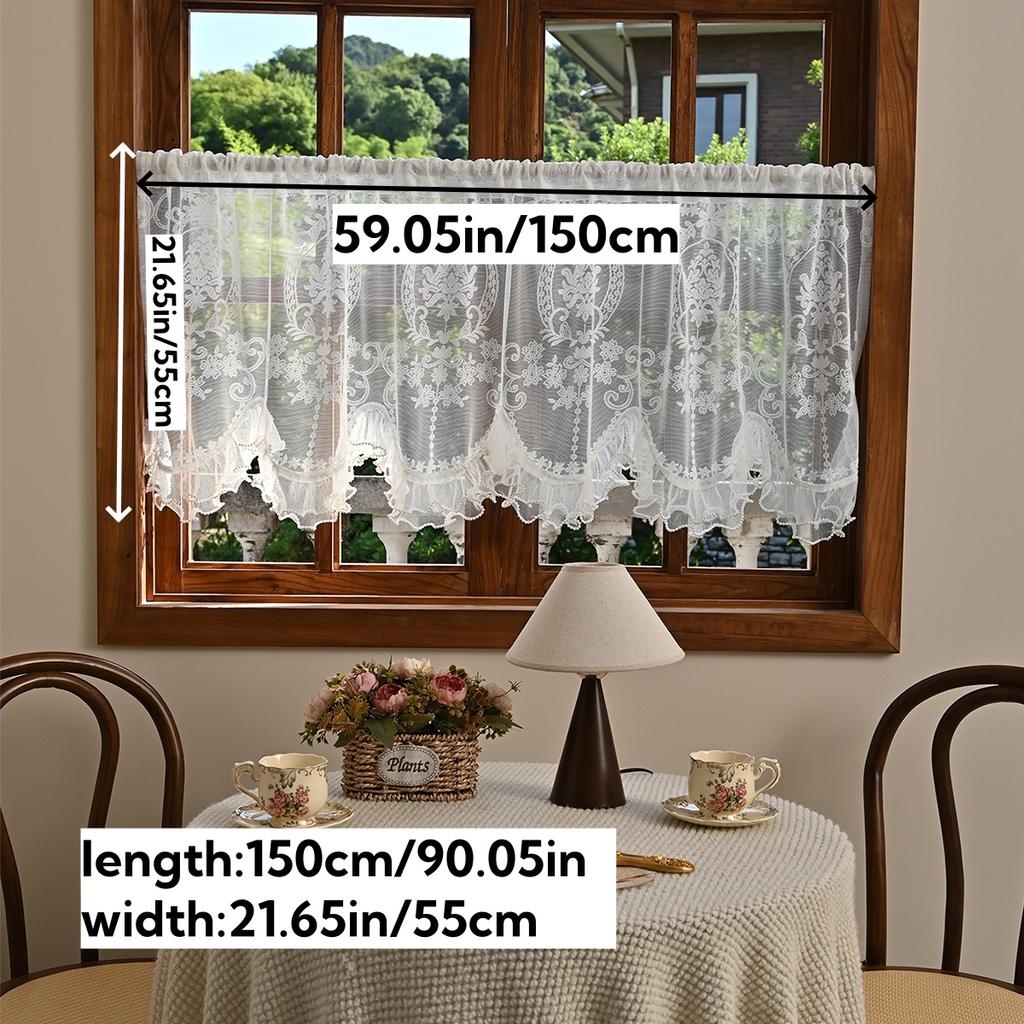 1PC White Short Lace Curtain,Cute Floral Pattern Kitchen Valance,Window Valances Pastoral Tulle Voile Home Decor Kitchen Door