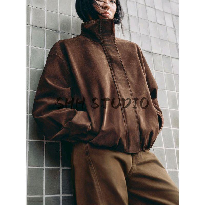 Autumn New Women clothes Minimalist Elastic Hem Zip-up Suede Stand Collar Long sleeve Jacket 4341878