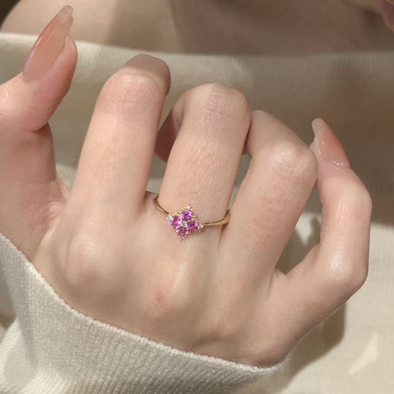 Xiaohongshu Fashion Purple Gem Clover Necklace & Exquisite Open Ring for Women