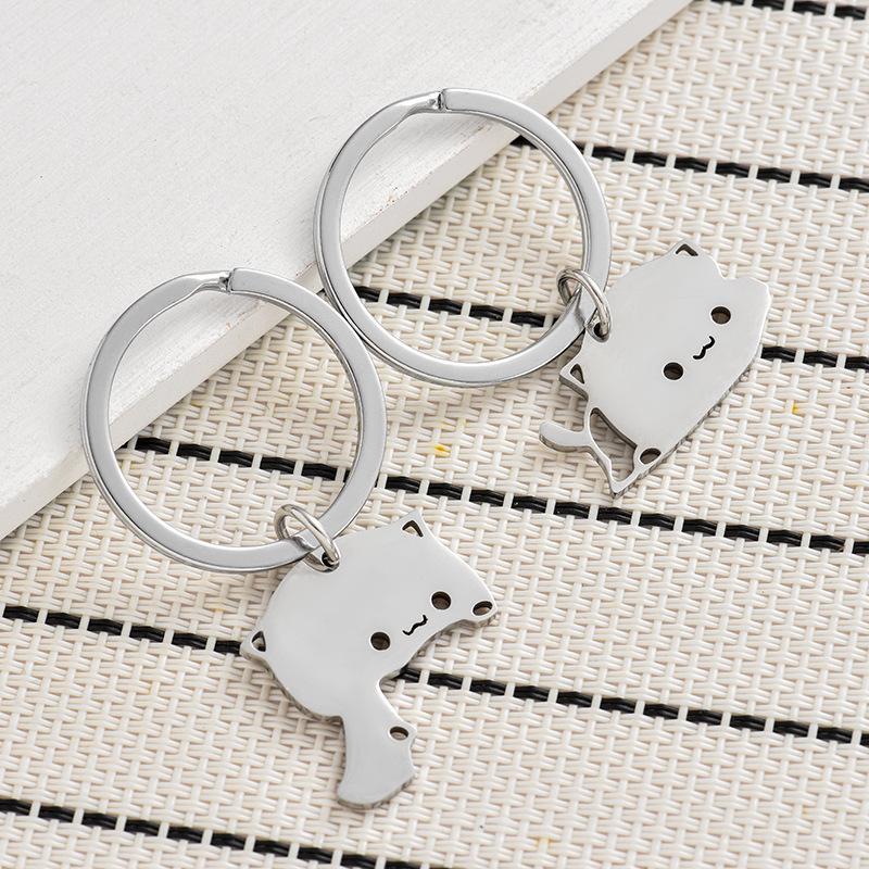 1 Pair Creativity Cute Stainless Steel Cartoon Cat Keychain Couple Animal Matching Key Ring Pendants Valentine Friendship Gift