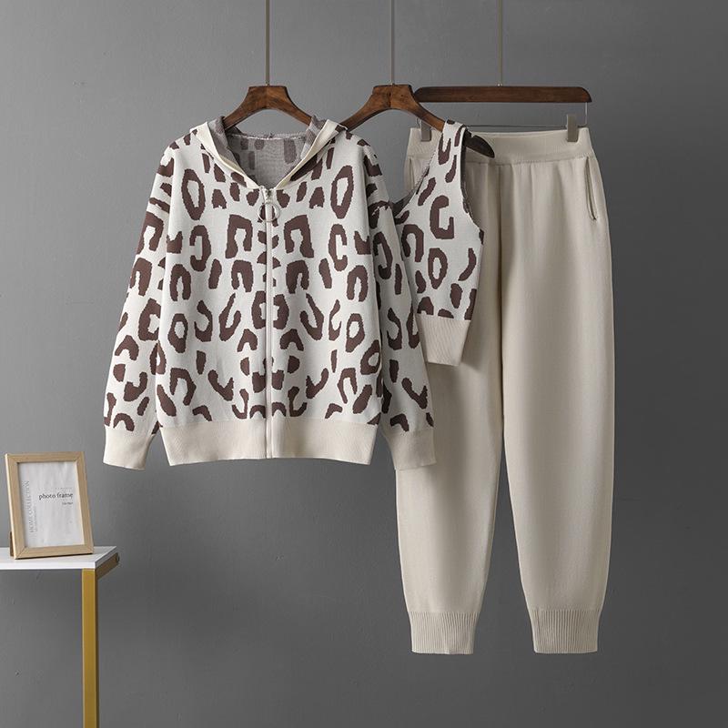 European Autumn Leopard Print Knit Wool Hooded Three-Piece Set for Women