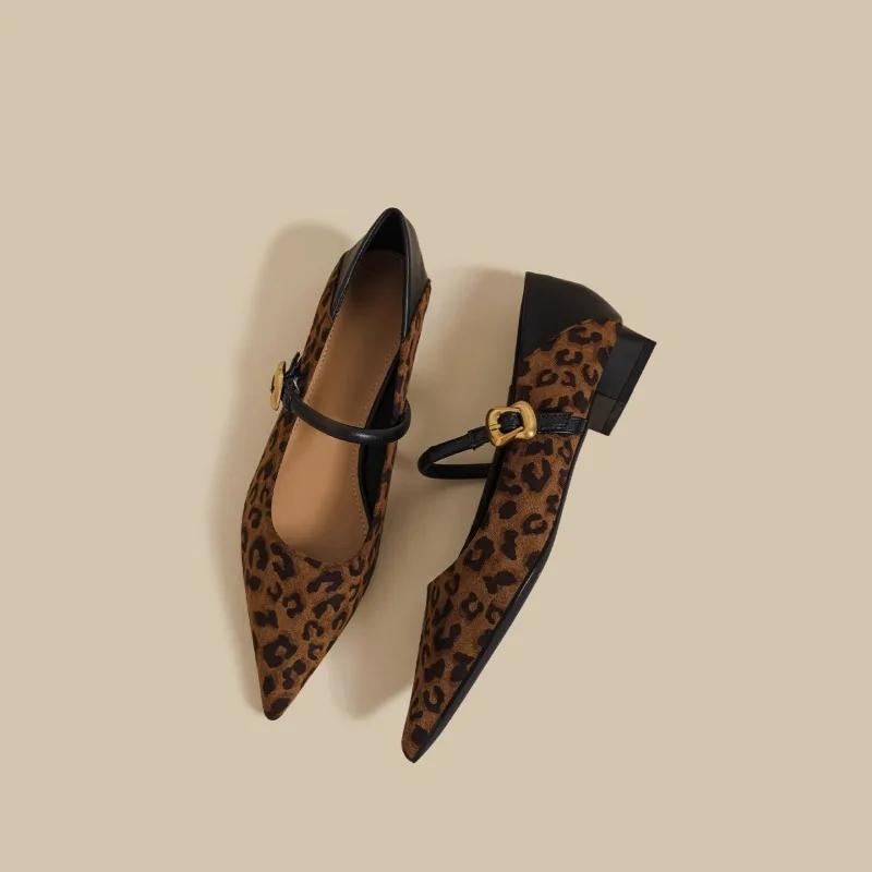 Fashion Pointed Toe Leopard Print Shallow Mouth Pumps 2025 New Hot Sale Light Retro Mid Heel Buckle Strap Women's High Heels