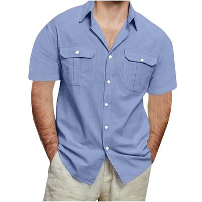 Camicia da uomo a maniche corte con bottoni e doppie tasche sul petto, top casual traspirante con colletto