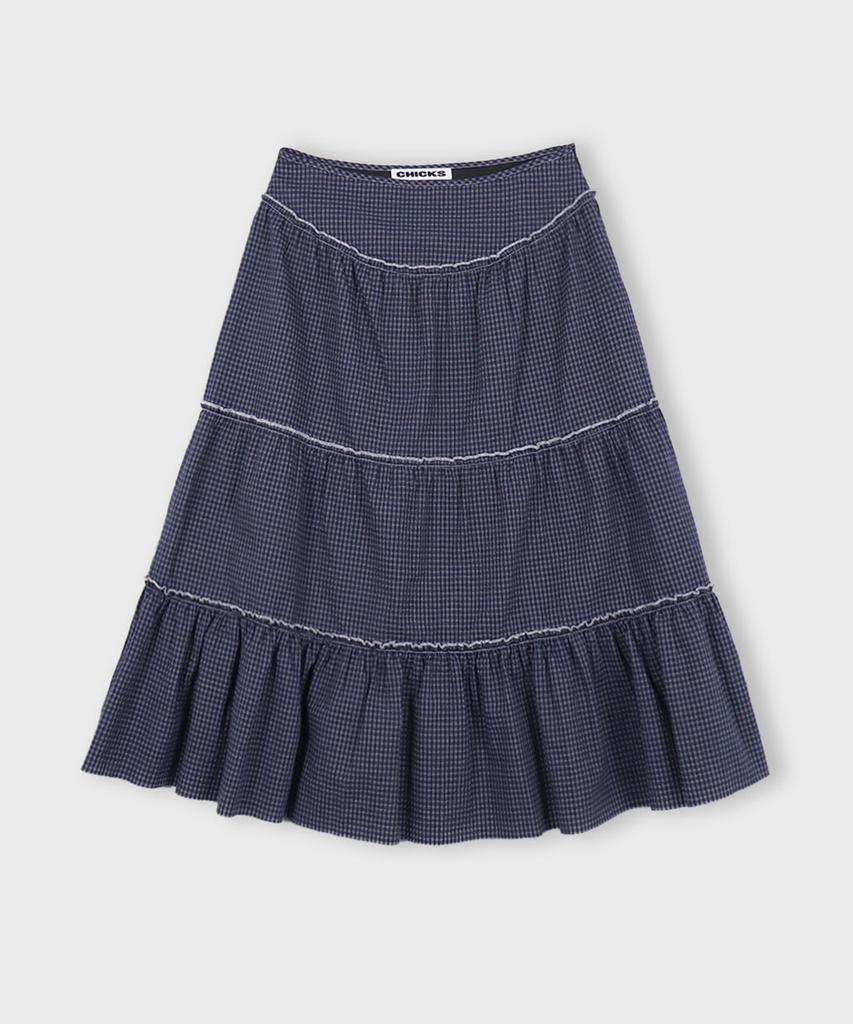 Chix Check Tiered Long Skirt Navy