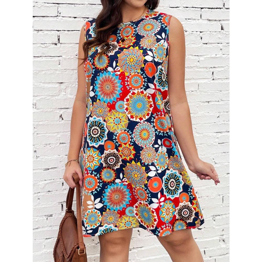 Summer Fashionable Ladies Breathable Soft Flowers O-Neck Sleeveless Dress Loose Comfortable Large Size Vacation Versatile Casual Dress