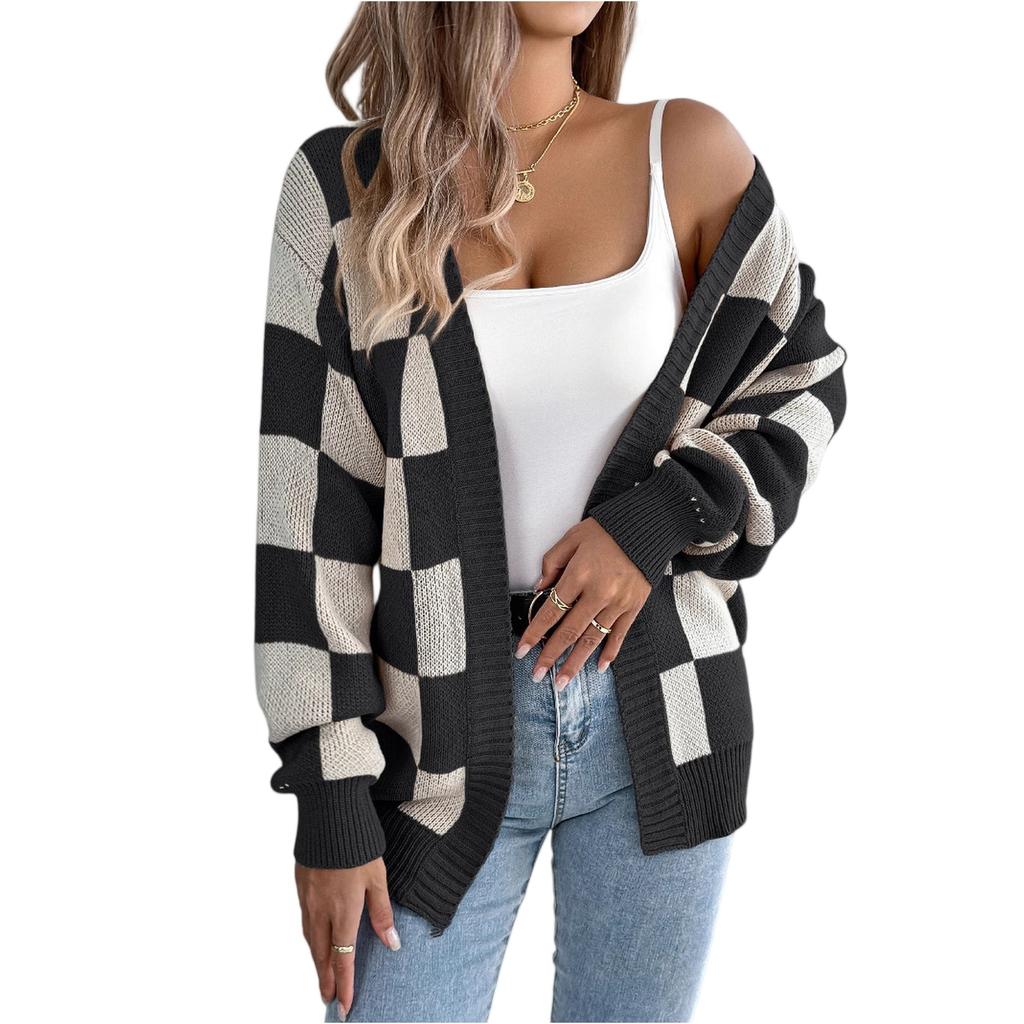 Women's Color-blocked Plaid Long-sleeved Cardigan Sweater Mid-length Coat