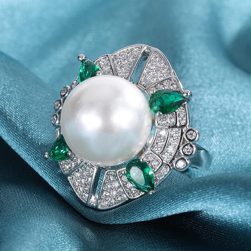 Pearl Women's Retro Court Temperament Ruby Emerald Ring Pendant Two-piece Fashion