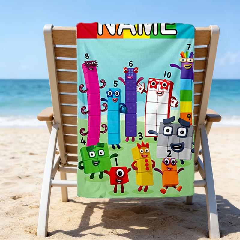 1pc 3D-Number-Blocks-Cartoon Beach Towel with Custom Name, Beach/Swimming/Bath/Picnic/Camping Towel, Suitable for Seaside Beaches