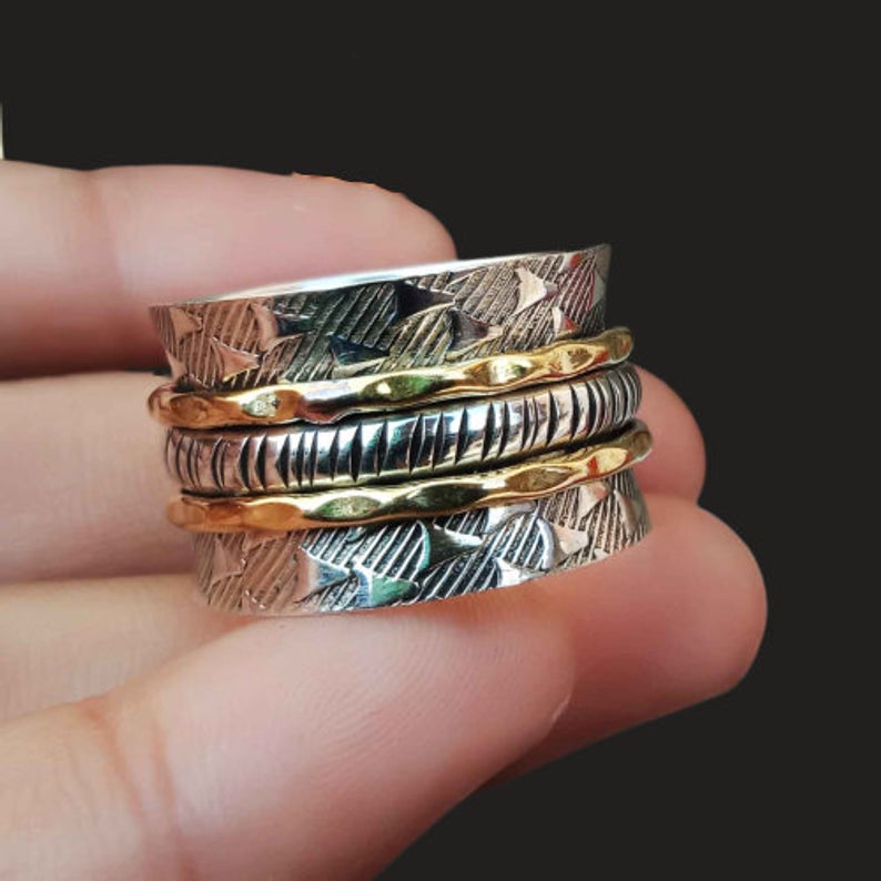 Narrow Spinner Ring, 925 Sterling Silver ring, Hammered Ring, Two Tone Spinning Ring, Designer Ring, Handmade Jewelry, Valentine's Day Gift.