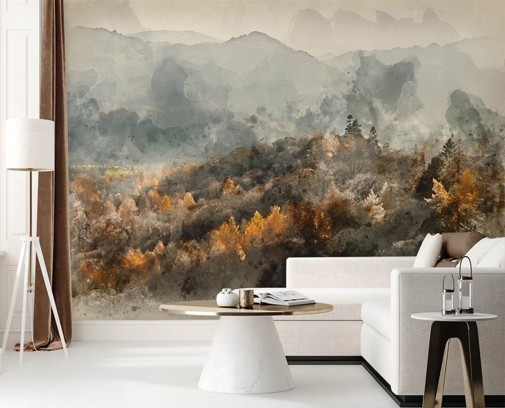 Wallpaper Autumn Forest Wrapped In Mist - Watercolour Abstract