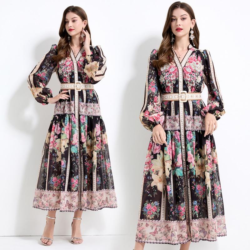 Summer Autumn Women V-neck Vintage Print Chiffon Runway Dress Single Breasted Long Maxi Oversize Vacation Beach Dresses with Belt