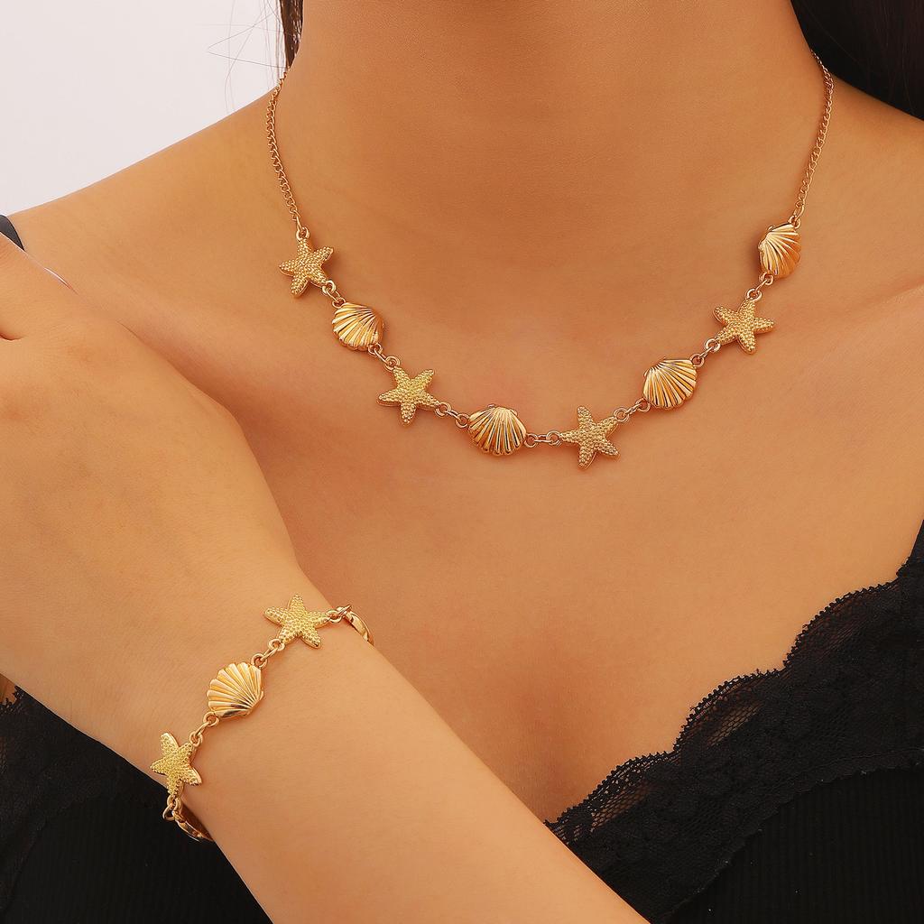 Gold Plated Starfish & Shell Jewelry Set, Ocean Themed Necklace, Earrings & Bracelet for Women