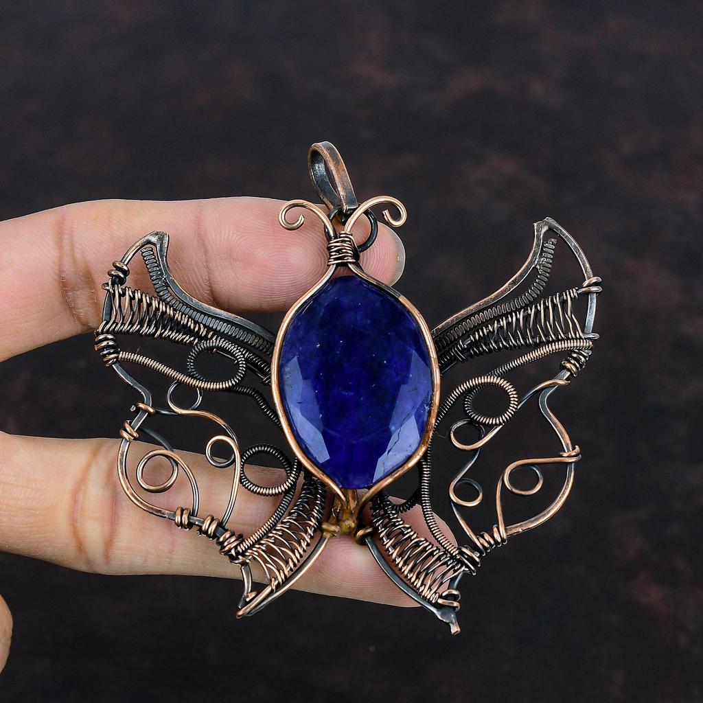 Faceted Blue Sapphire Pendant Copper Wire Wrapped Handmade Pendant Butterfly Pendant Gemstone Copper Jewelry Gift For Him Wire Wrap Jewelry