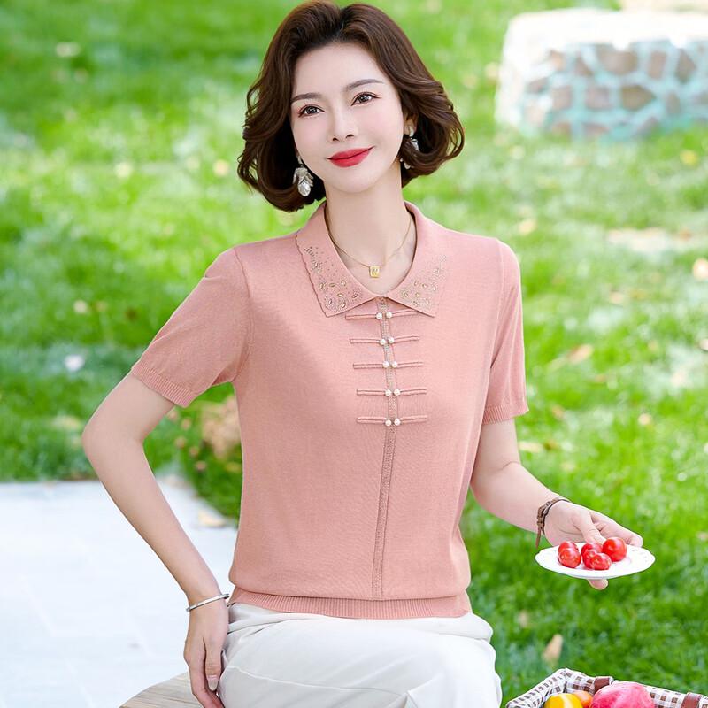 WoXue Women's New Chinese Style Ice Silk Knitted Short Sleeve T-Shirt