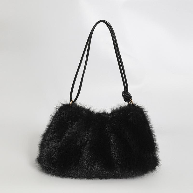 Elegant Faux Fur Crossbody Bag Vintage Bucket Woman Handbag Large Capacity Fashi Plush Versatile Shoulder Bag