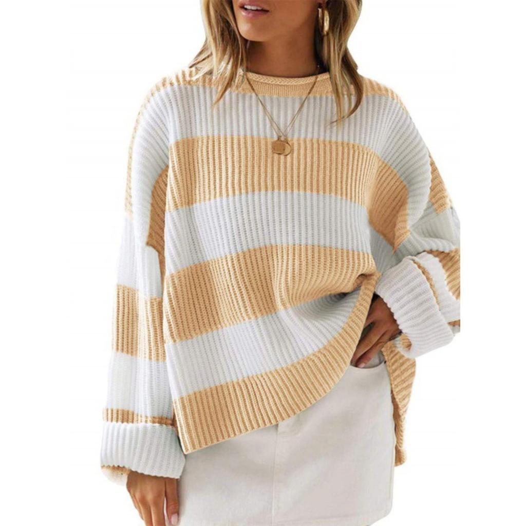 Autumn and Winter Women's Sweater, Women's Rolled Edge Round Neck Striped Color Blocked Knit Sweater
