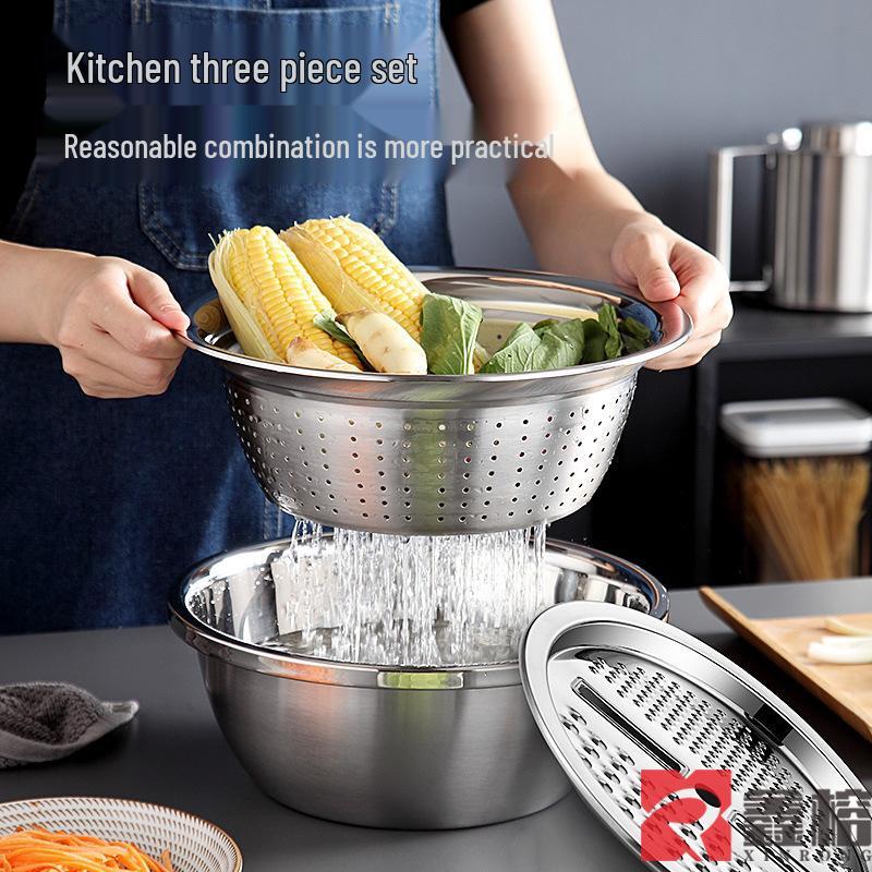 Multifunctional Stainless Steel Grater Bowl: Vegetable Slicer, Colander, and Rice Rinsing Strainer