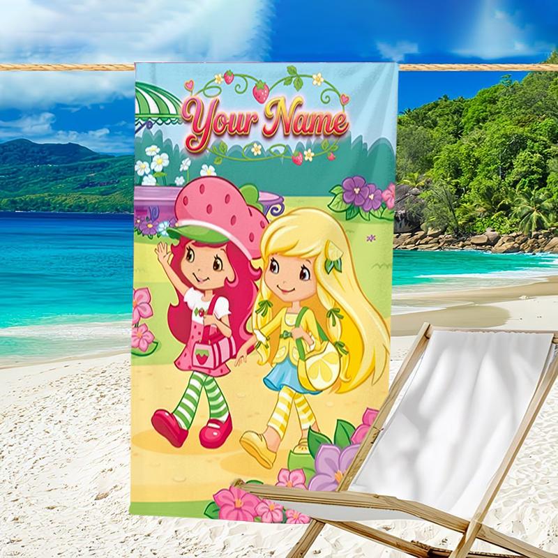 1pc Princess Strawberry Beach Towel with Custom Name, Beach and Seaside Swimming Pool Equipment, Fashion Pattern, Rectangular, Travel Essential